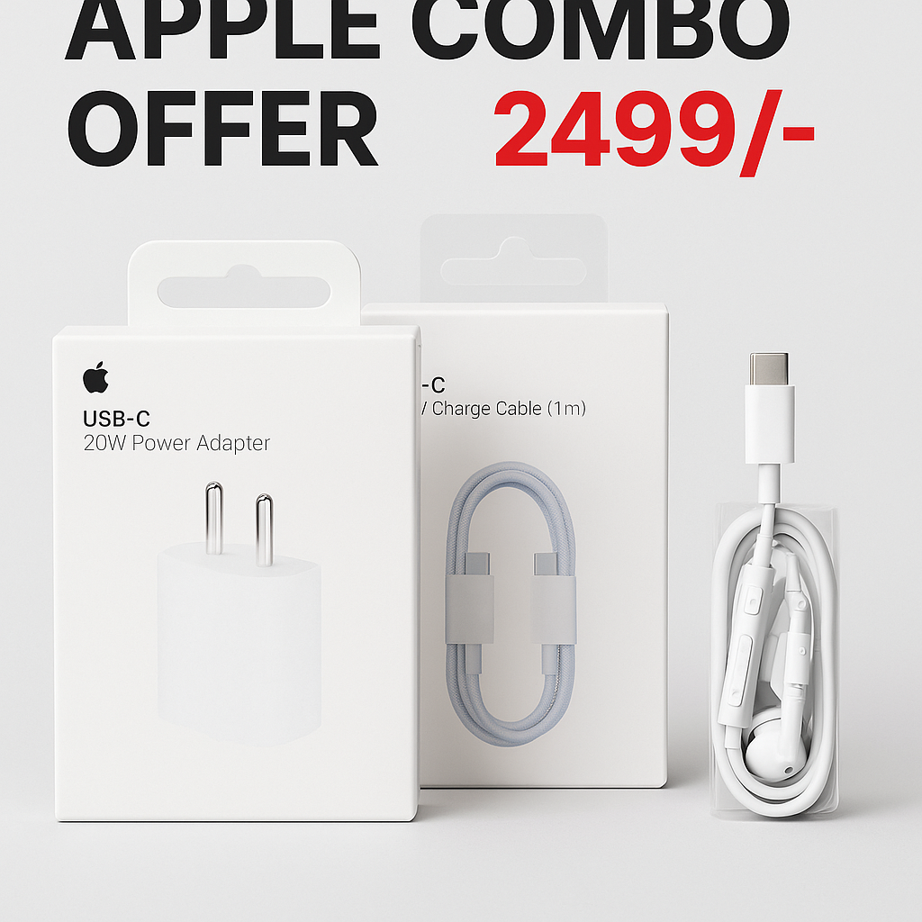 Apple 20W Fast Charger + 60W USB-C to USB-C Cable + Samsung Earphones | Premium Combo Deal