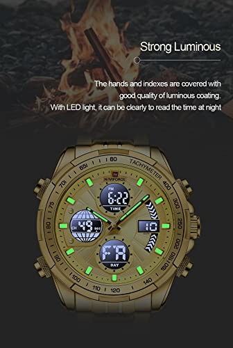 NAVIFORCE Men's Sport Watches Digital Analog Quartz Waterproof Multi-Functional Military Stainless Steel Watch for Men