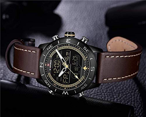 NAVIFORCE NF9144-BYDBN Genuine Leather Brown Chronograph Analog Digital Wristwatch for Men + Kids Sport Watch