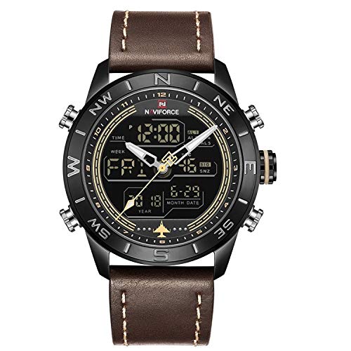 NAVIFORCE NF9144-BYDBN Genuine Leather Brown Chronograph Analog Digital Wristwatch for Men + Kids Sport Watch