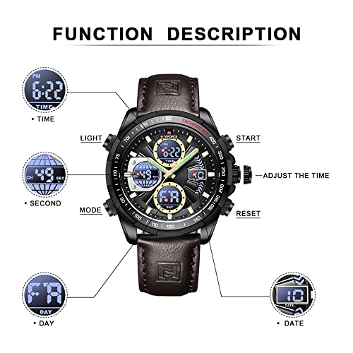 NAVIFORCE NF9197 Men's Military Digital Watches Analog Quartz Waterproof Watch Sport Multifunctional Leather Wristwatch