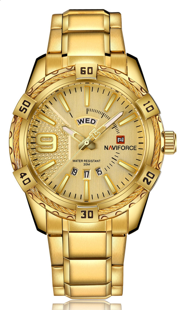Naviforce NF9117S GG Golden Mens Luxury Analog Stainless Steel Watches Sport Waterproof Quartz Watch Business Fashion Military Multifunctional Wristwatch