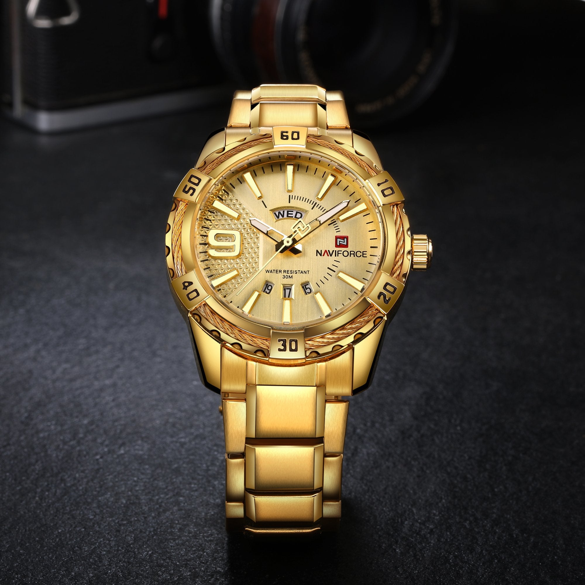 Naviforce NF9117S GG Golden Mens Luxury Analog Stainless Steel Watches Sport Waterproof Quartz Watch Business Fashion Military Multifunctional Wristwatch